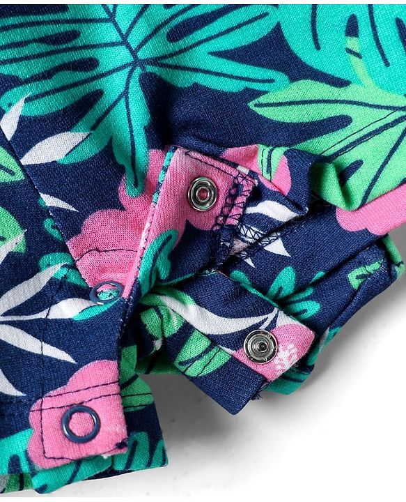 Babyhug Cotton Knit Sleeveless Jumpsuit with Belt & Floral Print - Blue & Green