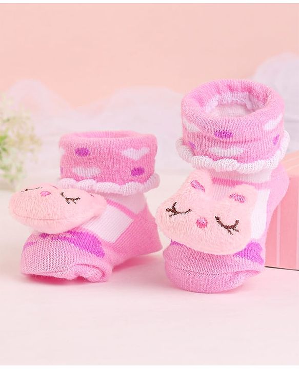 Cute Walk by Babyhug Socks With Bunny Face Applique - Pink