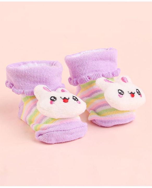 Cute Walk by Babyhug Socks With Striped & Bunny Face Applique - Purple