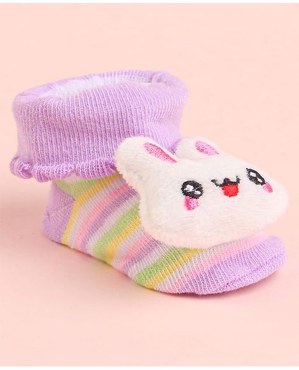 Cute Walk by Babyhug Socks With Striped & Bunny Face Applique - Purple