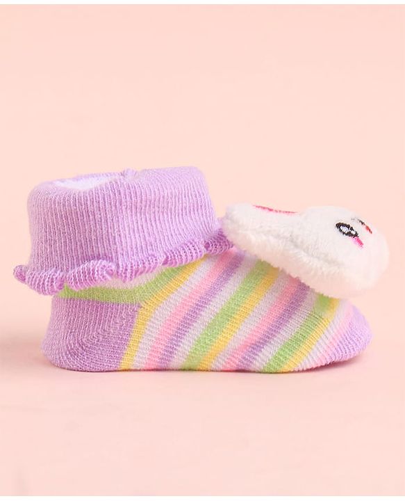 Cute Walk by Babyhug Socks With Striped & Bunny Face Applique - Purple
