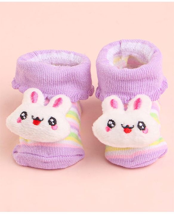 Cute Walk by Babyhug Socks With Striped & Bunny Face Applique - Purple