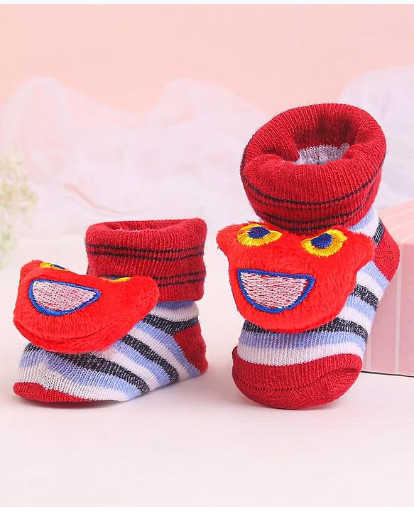 Cute Walk by Babyhug Socks With Striped & Cartoon Applique - White