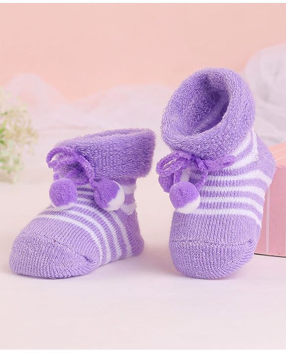 Cute Walk by Babyhug Socks With Striped & Pom Pom Detailing - Purple