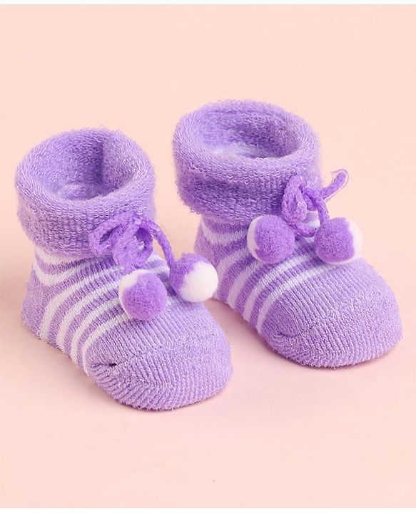 Cute Walk by Babyhug Socks With Striped & Pom Pom Detailing - Purple