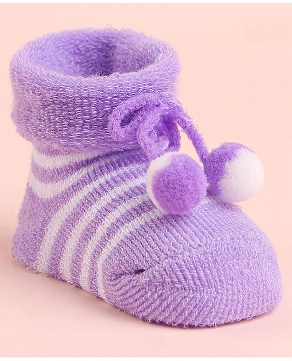 Cute Walk by Babyhug Socks With Striped & Pom Pom Detailing - Purple