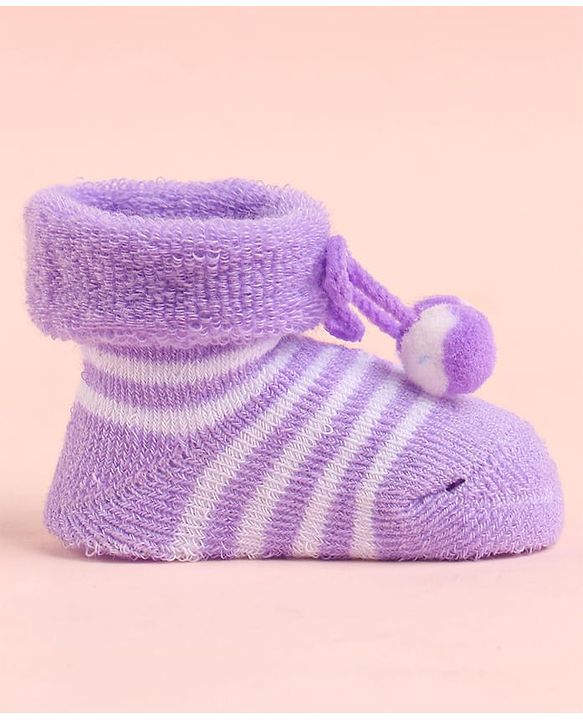 Cute Walk by Babyhug Socks With Striped & Pom Pom Detailing - Purple