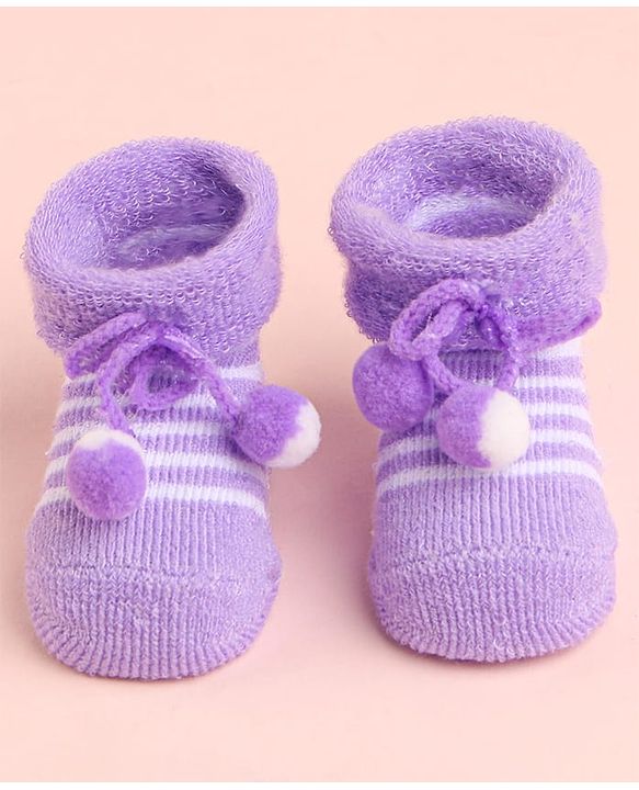 Cute Walk by Babyhug Socks With Striped & Pom Pom Detailing - Purple