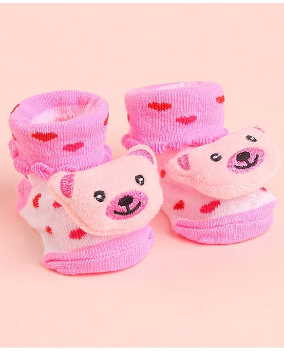 Cute Walk by Babyhug Socks With Polka Dots & Bear Face Applique - Pink