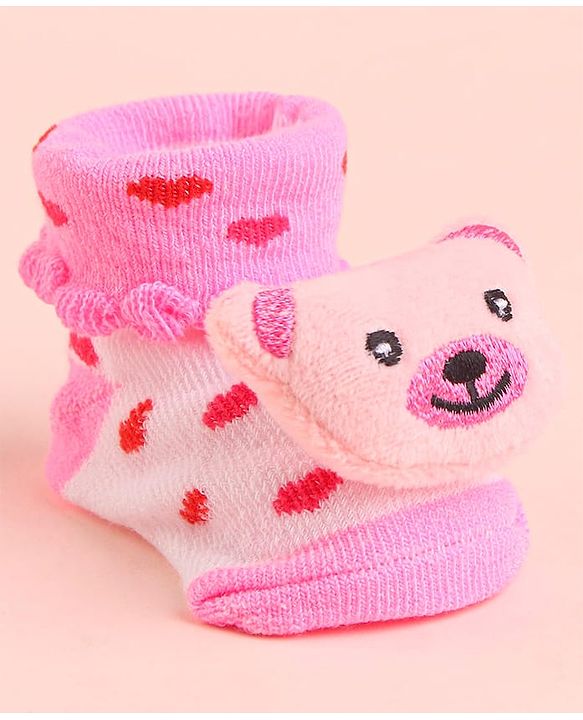 Cute Walk by Babyhug Socks With Polka Dots & Bear Face Applique - Pink