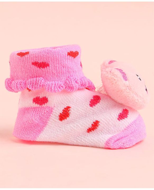 Cute Walk by Babyhug Socks With Polka Dots & Bear Face Applique - Pink