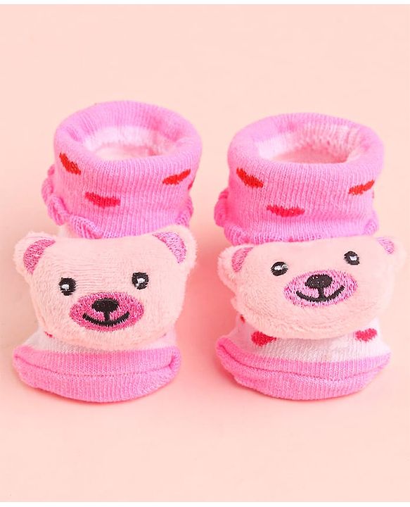 Cute Walk by Babyhug Socks With Polka Dots & Bear Face Applique - Pink