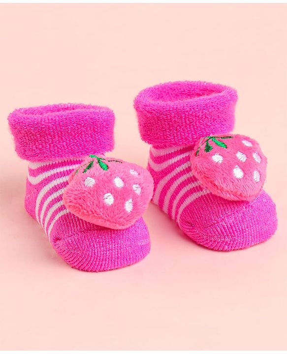 Cute Walk by Babyhug Socks With Striped & Strawberry Applique - Pink