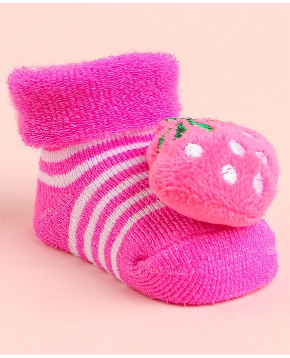 Cute Walk by Babyhug Socks With Striped & Strawberry Applique - Pink