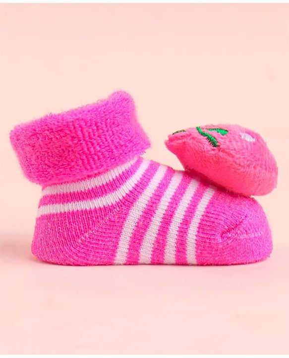 Cute Walk by Babyhug Socks With Striped & Strawberry Applique - Pink
