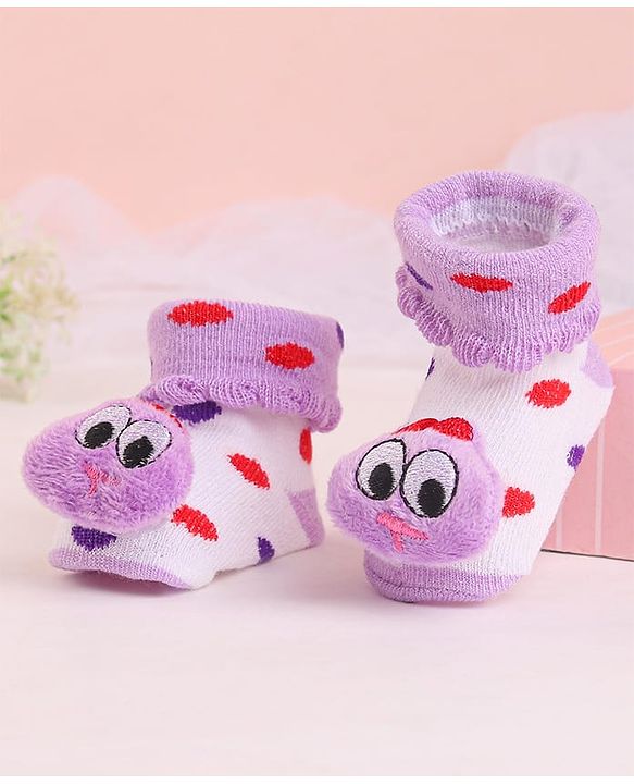 Cute Walk by Babyhug Socks With Polka Dots & Cartoon Face Applique - Purple