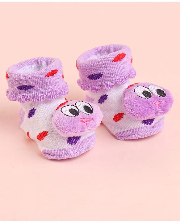 Cute Walk by Babyhug Socks With Polka Dots & Cartoon Face Applique - Purple
