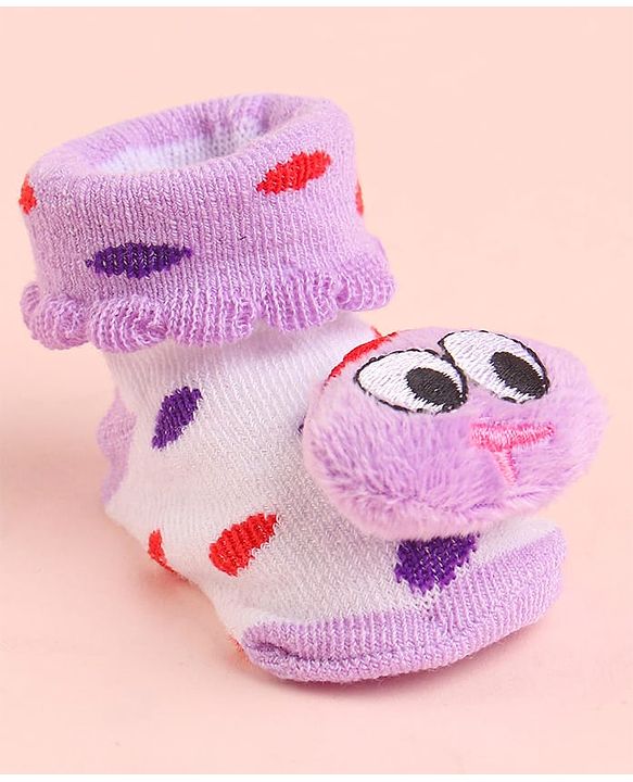 Cute Walk by Babyhug Socks With Polka Dots & Cartoon Face Applique - Purple
