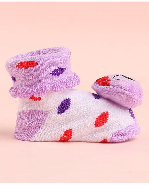 Cute Walk by Babyhug Socks With Polka Dots & Cartoon Face Applique - Purple