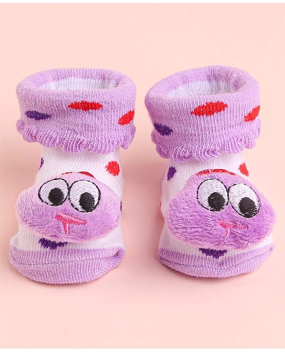 Cute Walk by Babyhug Socks With Polka Dots & Cartoon Face Applique - Purple