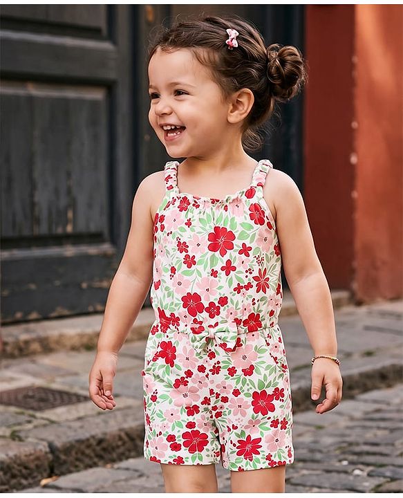 Babyhug Cotton Knit Sleeveless Jumpsuit With Floral Print & Bow Applique - White