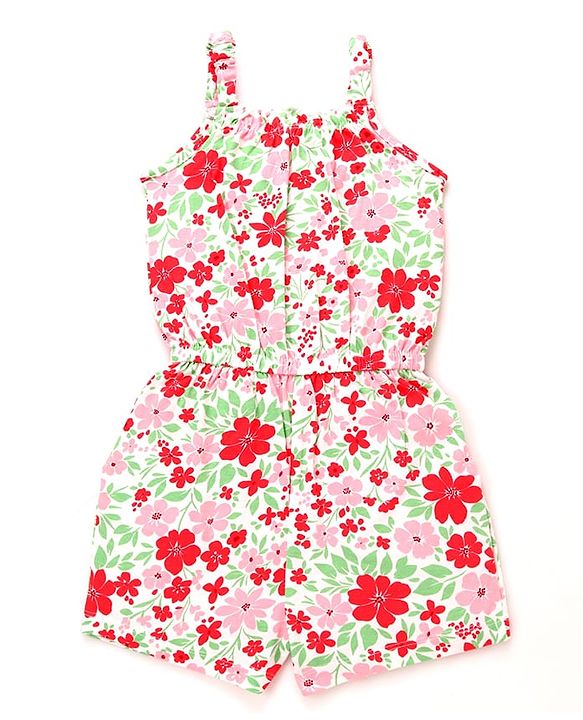 Babyhug Cotton Knit Sleeveless Jumpsuit With Floral Print & Bow Applique - White