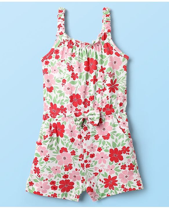 Babyhug Cotton Knit Sleeveless Jumpsuit With Floral Print & Bow Applique - White