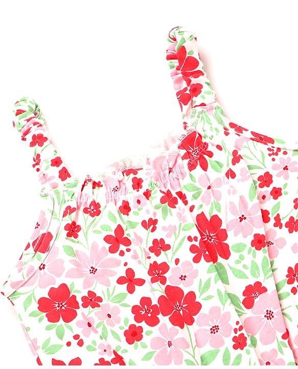 Babyhug Cotton Knit Sleeveless Jumpsuit With Floral Print & Bow Applique - White
