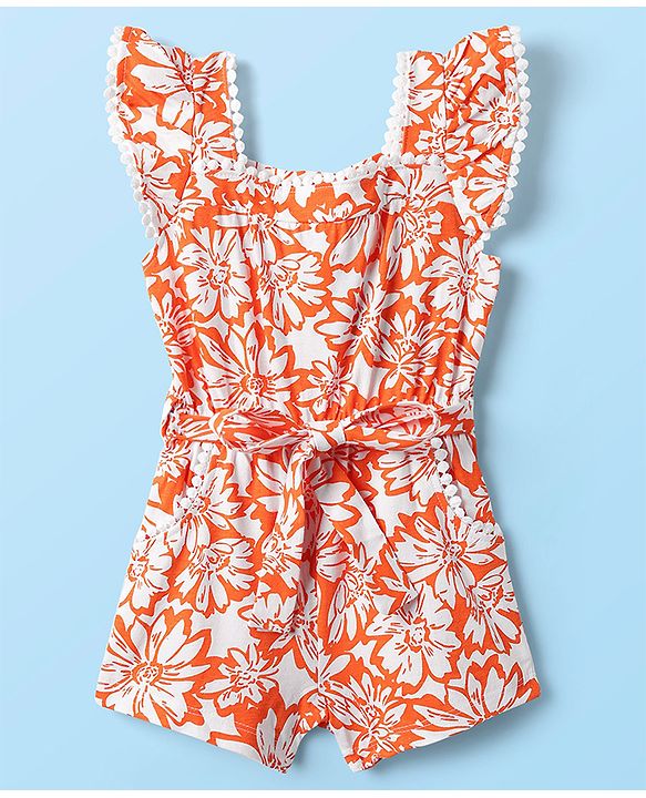 Babyhug Cotton Knit Frill Sleeves Jumpsuit With Floral Print & Fabric Belt - Orange