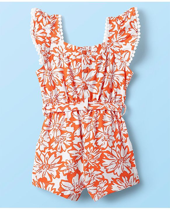 Babyhug Cotton Knit Frill Sleeves Jumpsuit With Floral Print & Fabric Belt - Orange