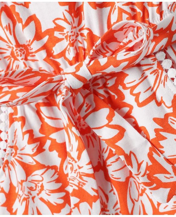 Babyhug Cotton Knit Frill Sleeves Jumpsuit With Floral Print & Fabric Belt - Orange