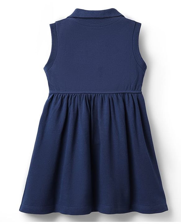 Babyhug Cotton Knit Sleeveless Collared Frock with Heart Embroidery - Navy Blue