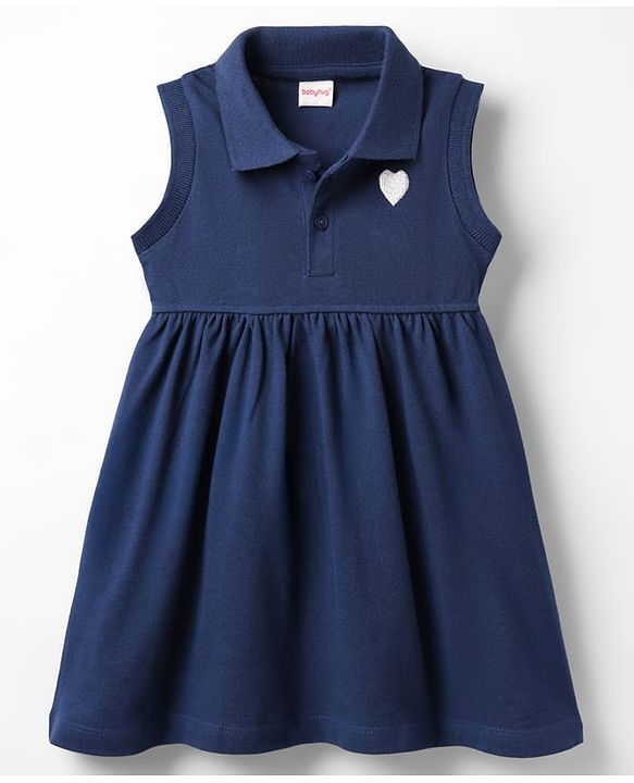 Babyhug Cotton Knit Sleeveless Collared Frock with Heart Embroidery - Navy Blue