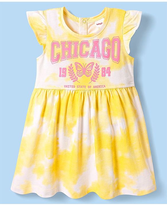 Babyhug Cotton Knit Frill Sleeves Frock with Text Print - Yellow