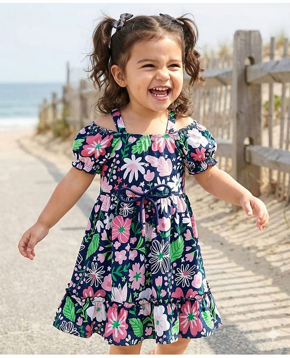 Babyhug Cotton Knit Cold Shoulder Sleeves Frock With Floral Print & Bow Applique - Navy Blue