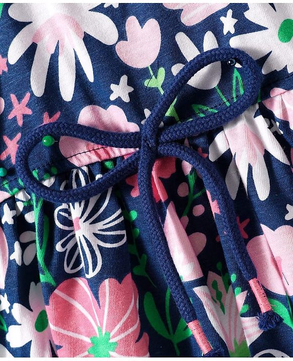 Babyhug Cotton Knit Cold Shoulder Sleeves Frock With Floral Print & Bow Applique - Navy Blue