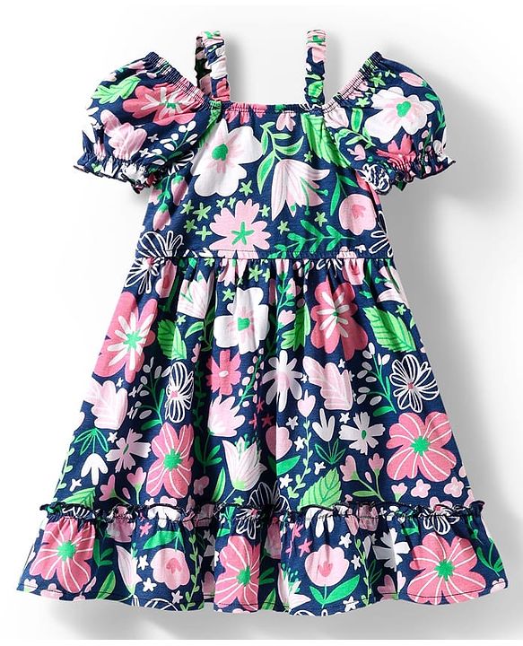 Babyhug Cotton Knit Cold Shoulder Sleeves Frock With Floral Print & Bow Applique - Navy Blue