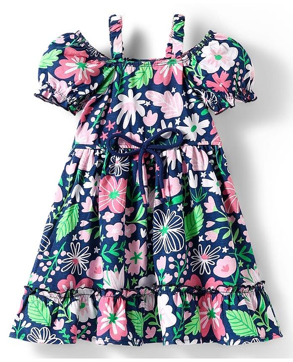 Babyhug Cotton Knit Cold Shoulder Sleeves Frock With Floral Print & Bow Applique - Navy Blue