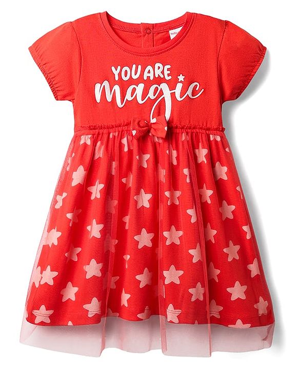 Babyhug Cotton Knit Half Sleeves Frock With Star Print & Bow Applique - Red
