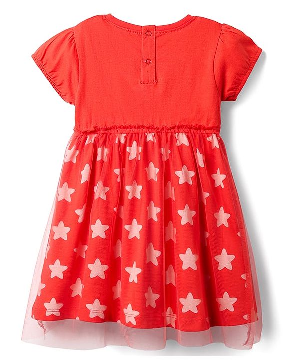 Babyhug Cotton Knit Half Sleeves Frock With Star Print & Bow Applique - Red