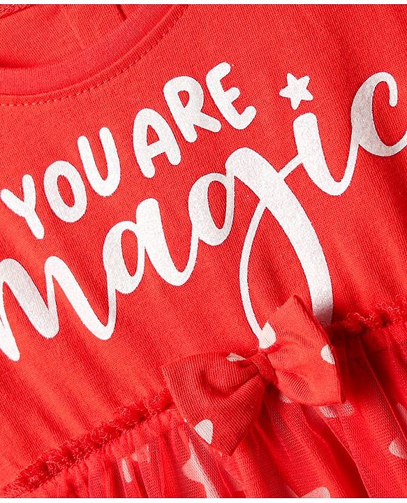 Babyhug Cotton Knit Half Sleeves Frock With Star Print & Bow Applique - Red