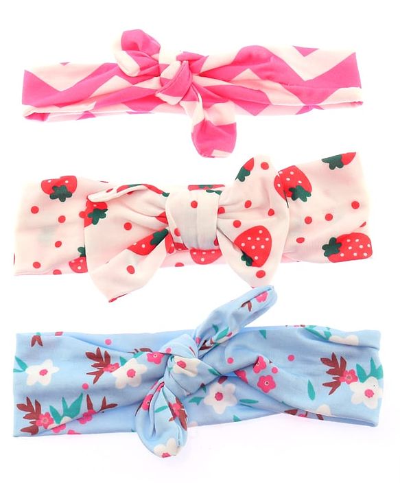 Babyhug Bonfino Printed Headbands with Bow Applique Pack of 3 - Pink & Blue