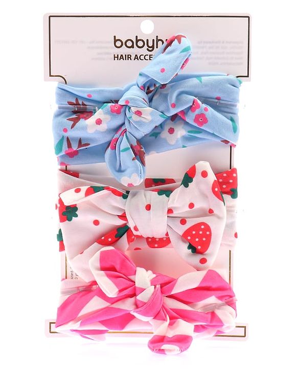 Babyhug Bonfino Printed Headbands with Bow Applique Pack of 3 - Pink & Blue
