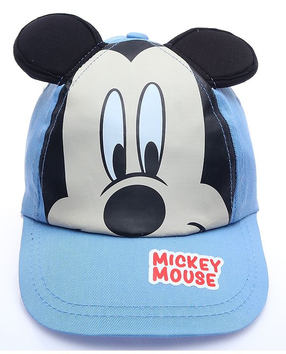 Babyhug Disney Cotton Woven Summer Cap with Mickey Mouse Family Graphics & 3D Ear Blue - Diameter 17 cm