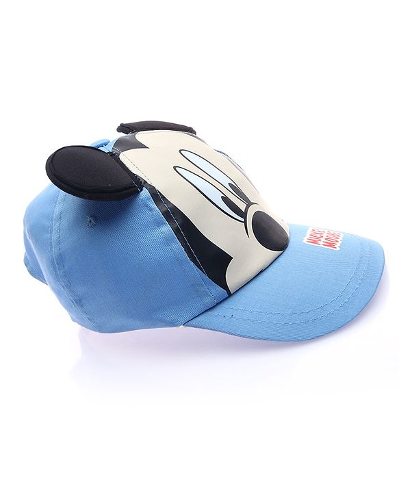 Babyhug Disney Cotton Woven Summer Cap with Mickey Mouse Family Graphics & 3D Ear Blue - Diameter 17 cm