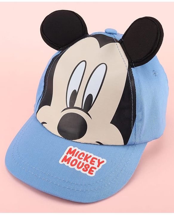 Babyhug Disney Cotton Woven Summer Cap with Mickey Mouse Family Graphics & 3D Ear Blue - Diameter 17 cm