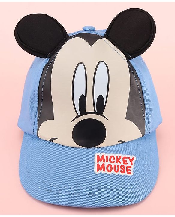 Babyhug Disney Cotton Woven Summer Cap with Mickey Mouse Family Graphics & 3D Ear Blue - Diameter 17 cm