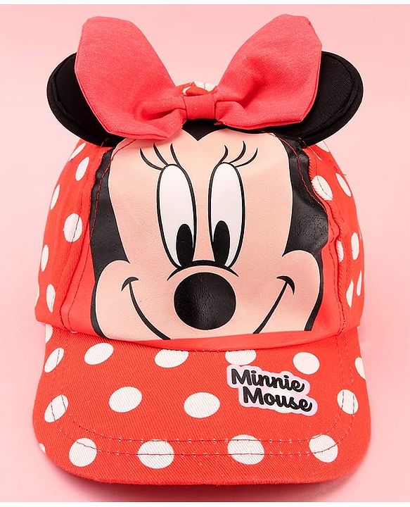 Babyhug Disney Cotton Woven Summer Cap with Minnie Mouse Family Graphics & 3 D Ear Applique Red - Diameter - 16 cm