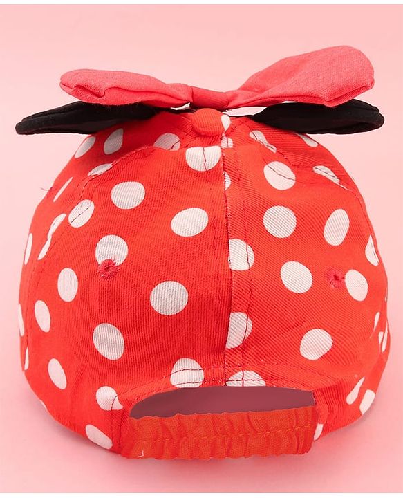 Babyhug Disney Cotton Woven Summer Cap with Minnie Mouse Family Graphics & 3 D Ear Applique Red - Diameter - 16 cm