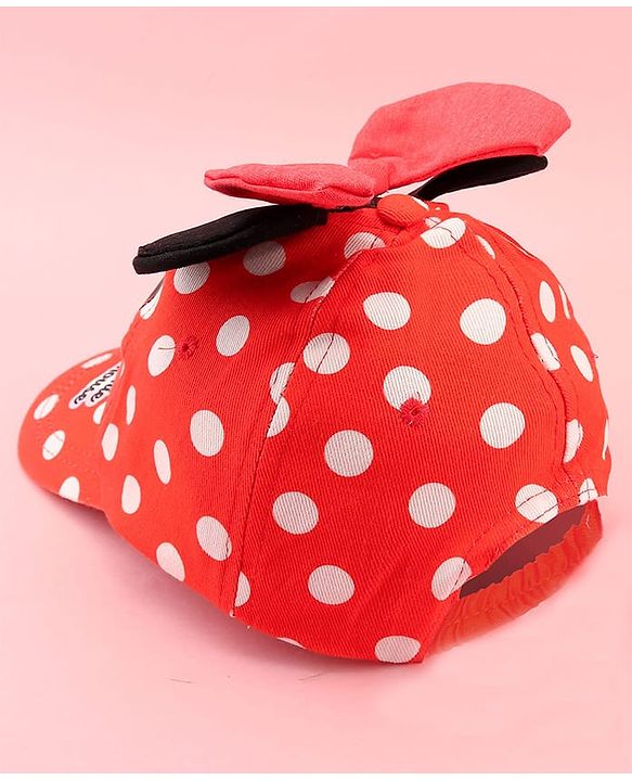 Babyhug Disney Cotton Woven Summer Cap with Minnie Mouse Family Graphics & 3 D Ear Applique Red - Diameter - 16 cm